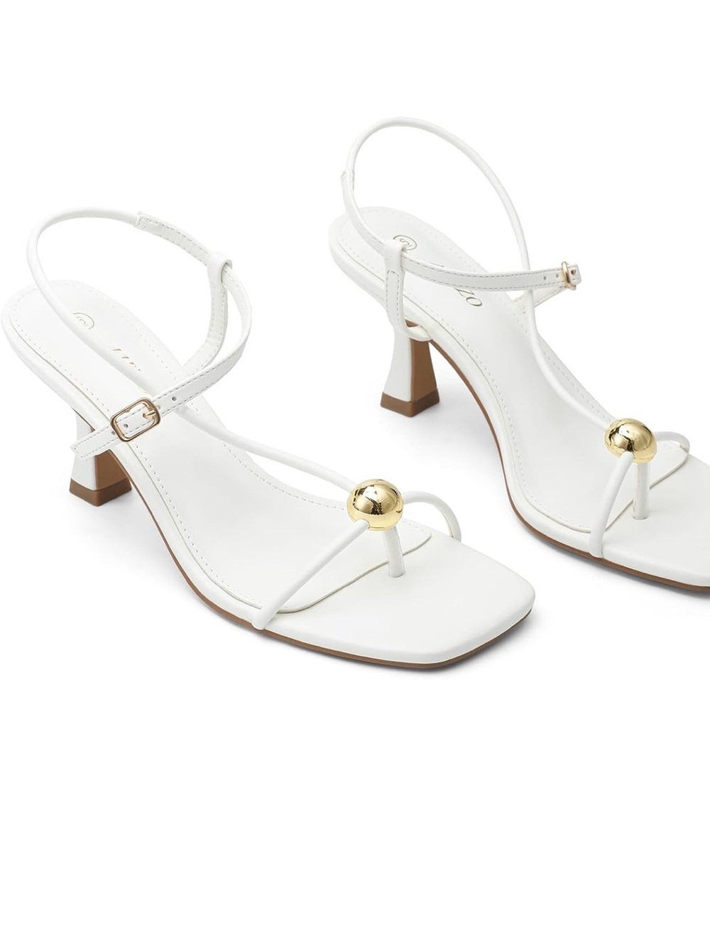 White Strappy Mid-Heel Sandals with Gold Accent
